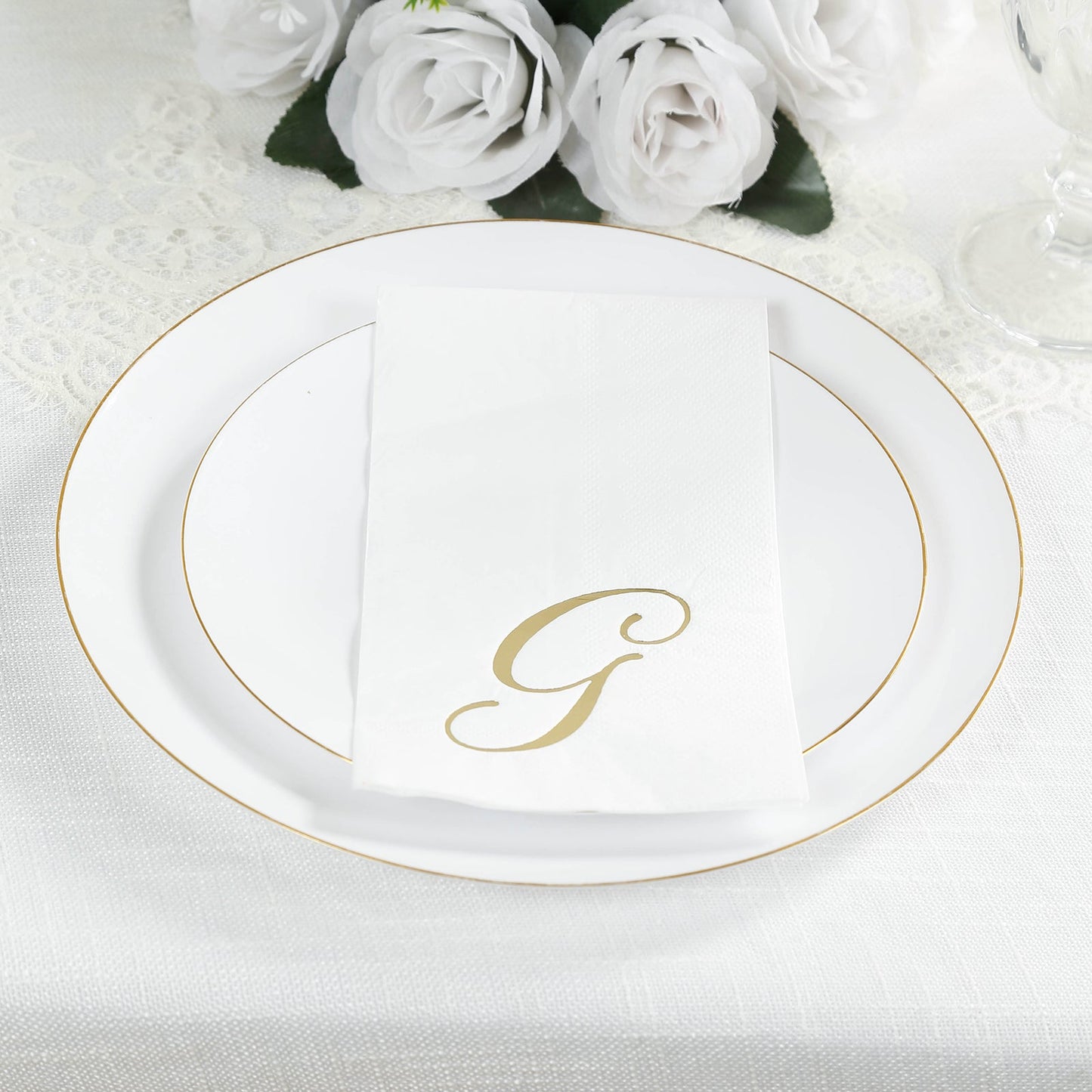 100 Paper Dinner Napkins White with Gold Foil Monogram "G" â€“ 8"x4" Folded, Disposable Party Napkins