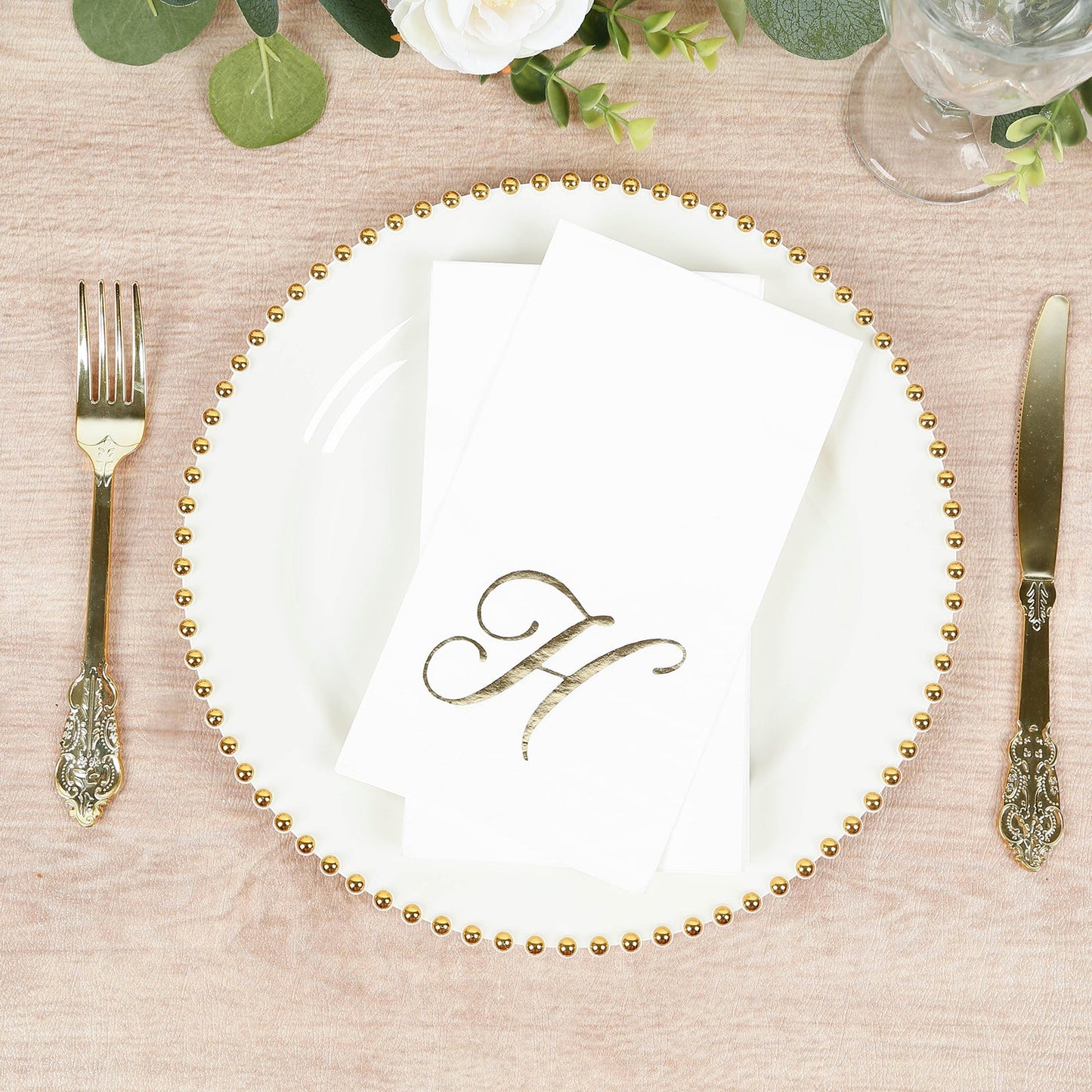 100 Paper Dinner Napkins White with Gold Foil Monogram "H" â€“ 8"x4" Folded, Disposable Party Napkins