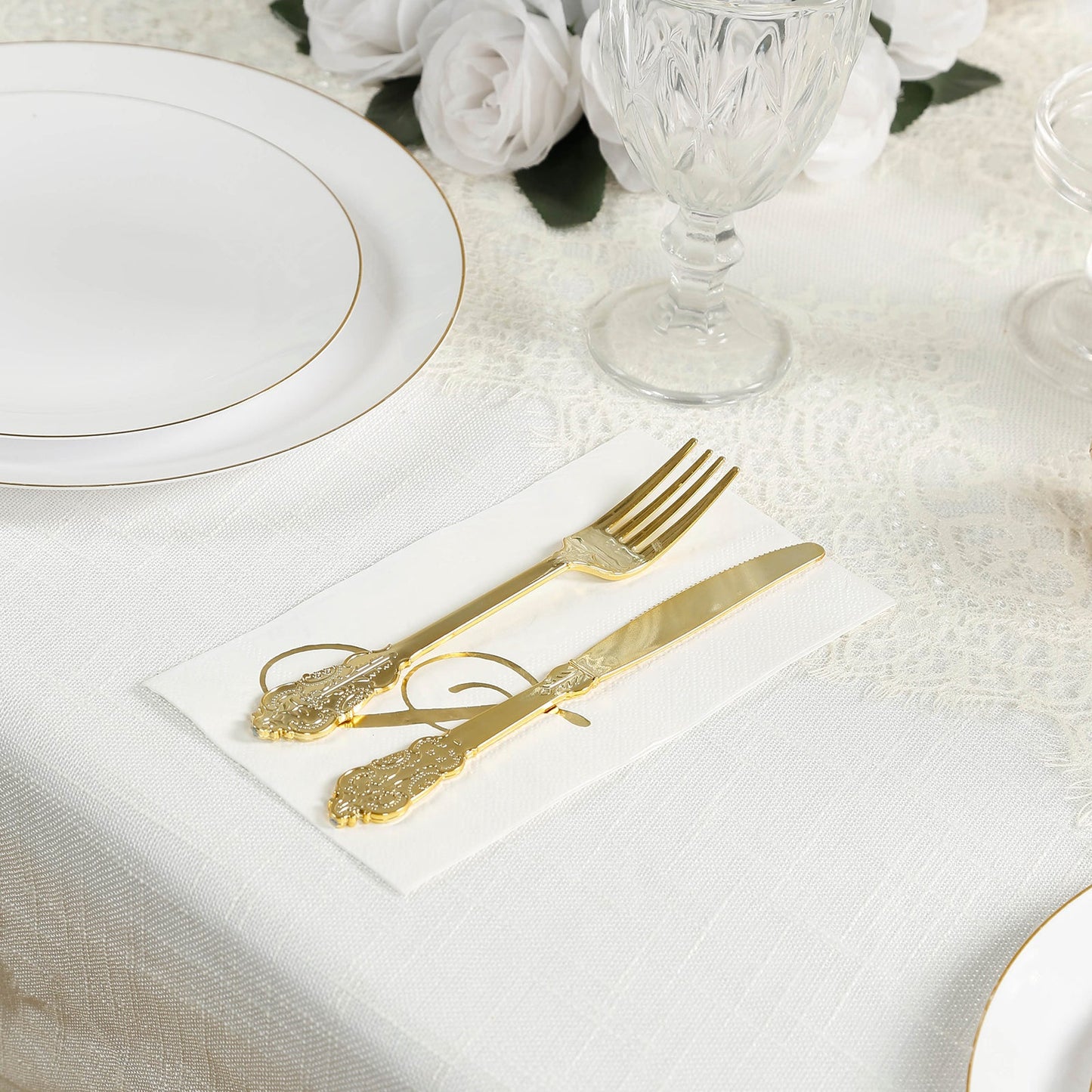 100 Paper Dinner Napkins White with Gold Foil Monogram "J" â€“ 8"x4" Folded, Disposable Party Napkins
