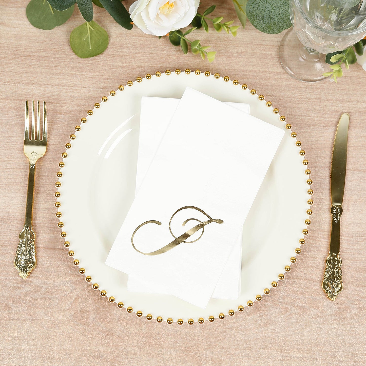 100 Paper Dinner Napkins White with Gold Foil Monogram "J" â€“ 8"x4" Folded, Disposable Party Napkins