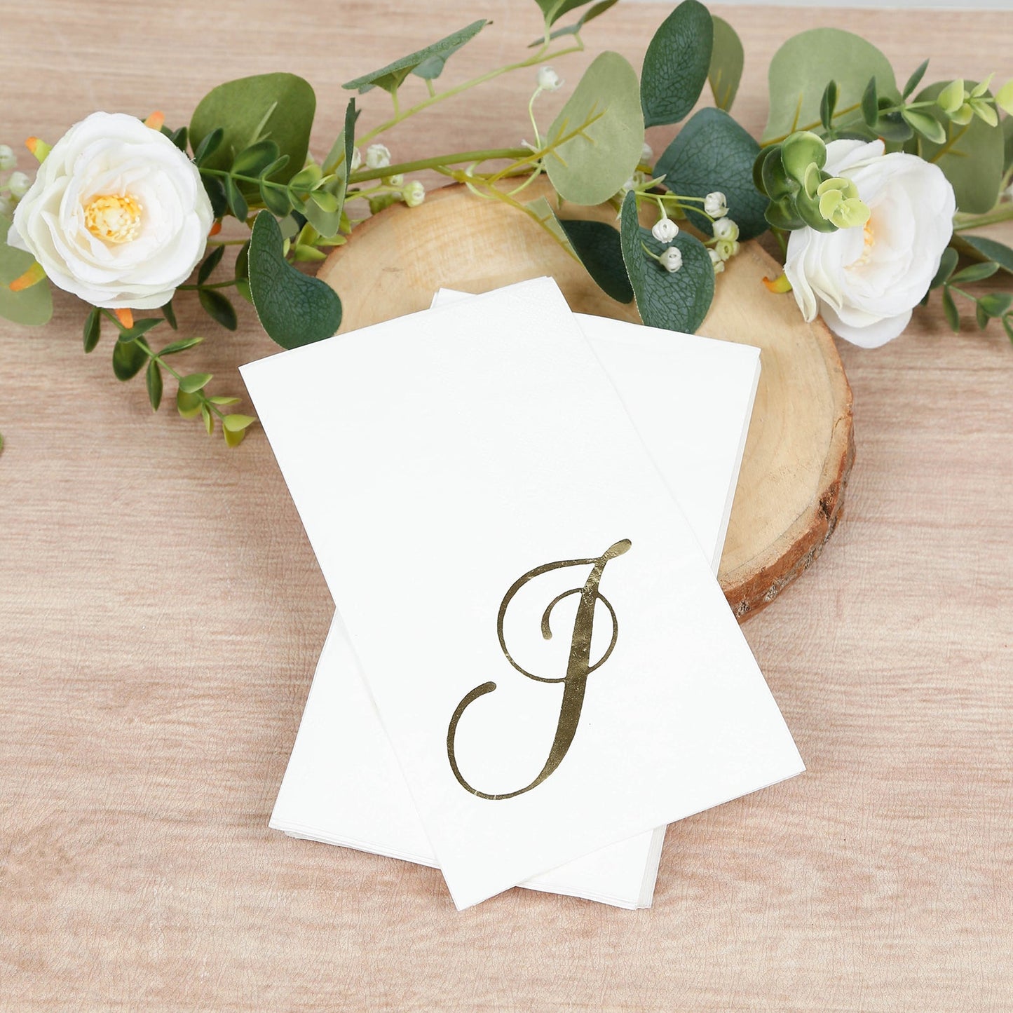 100 Paper Dinner Napkins White with Gold Foil Monogram "J" â€“ 8"x4" Folded, Disposable Party Napkins