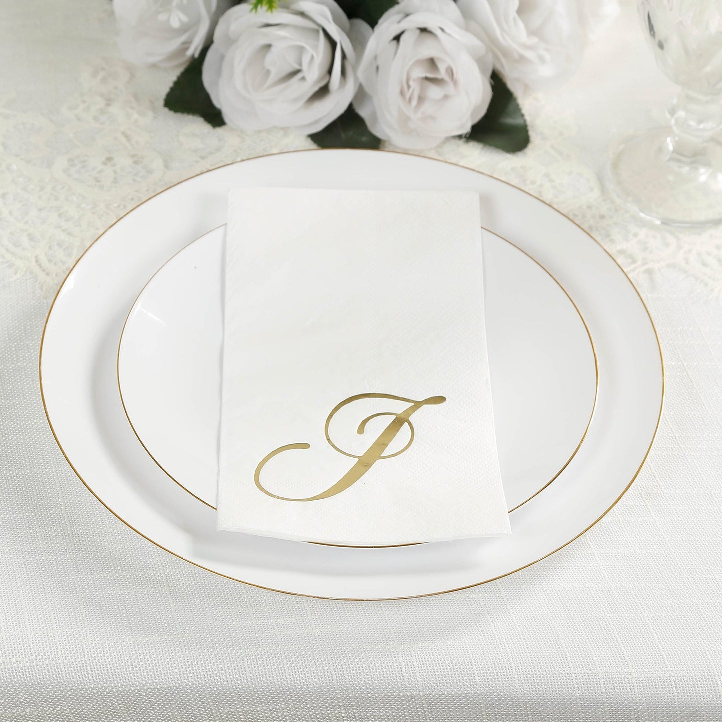 100 Paper Dinner Napkins White with Gold Foil Monogram "J" â€“ 8"x4" Folded, Disposable Party Napkins