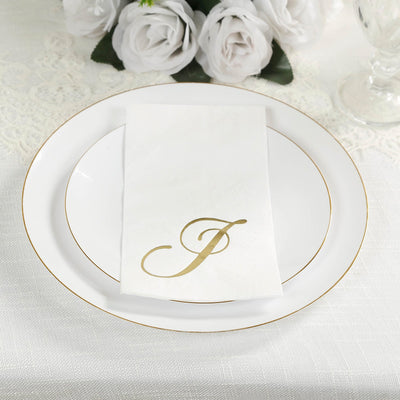 100 Paper Dinner Napkins White with Gold Foil Monogram "J" â€“ 8"x4" Folded, Disposable Party Napkins