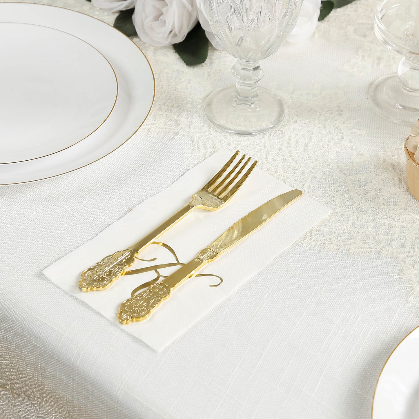 100 Paper Dinner Napkins White with Gold Foil Monogram "K" â€“ 8"x4" Folded, Disposable Party Napkins
