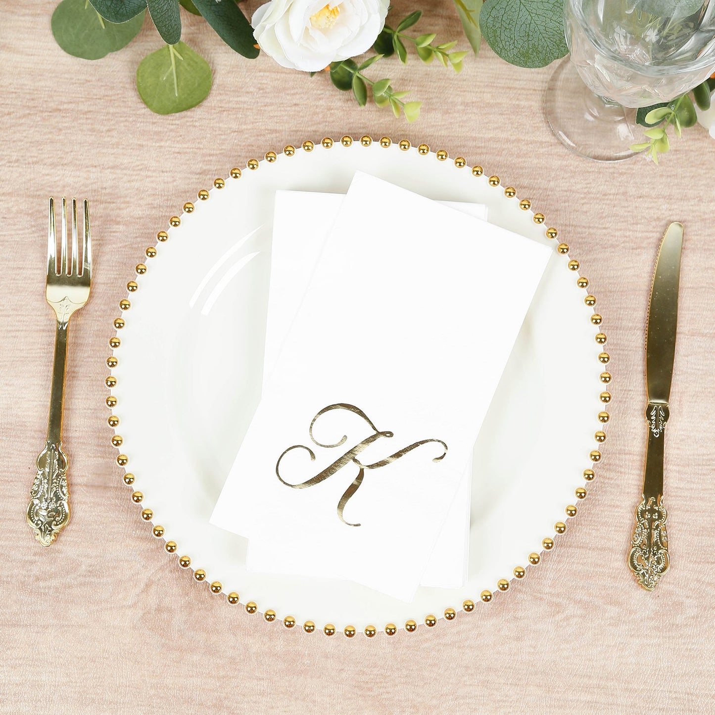 100 Paper Dinner Napkins White with Gold Foil Monogram "K" â€“ 8"x4" Folded, Disposable Party Napkins