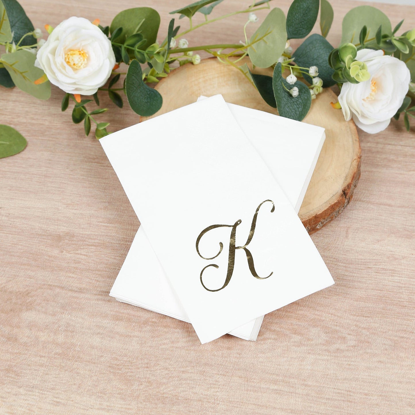 100 Paper Dinner Napkins White with Gold Foil Monogram "K" â€“ 8"x4" Folded, Disposable Party Napkins
