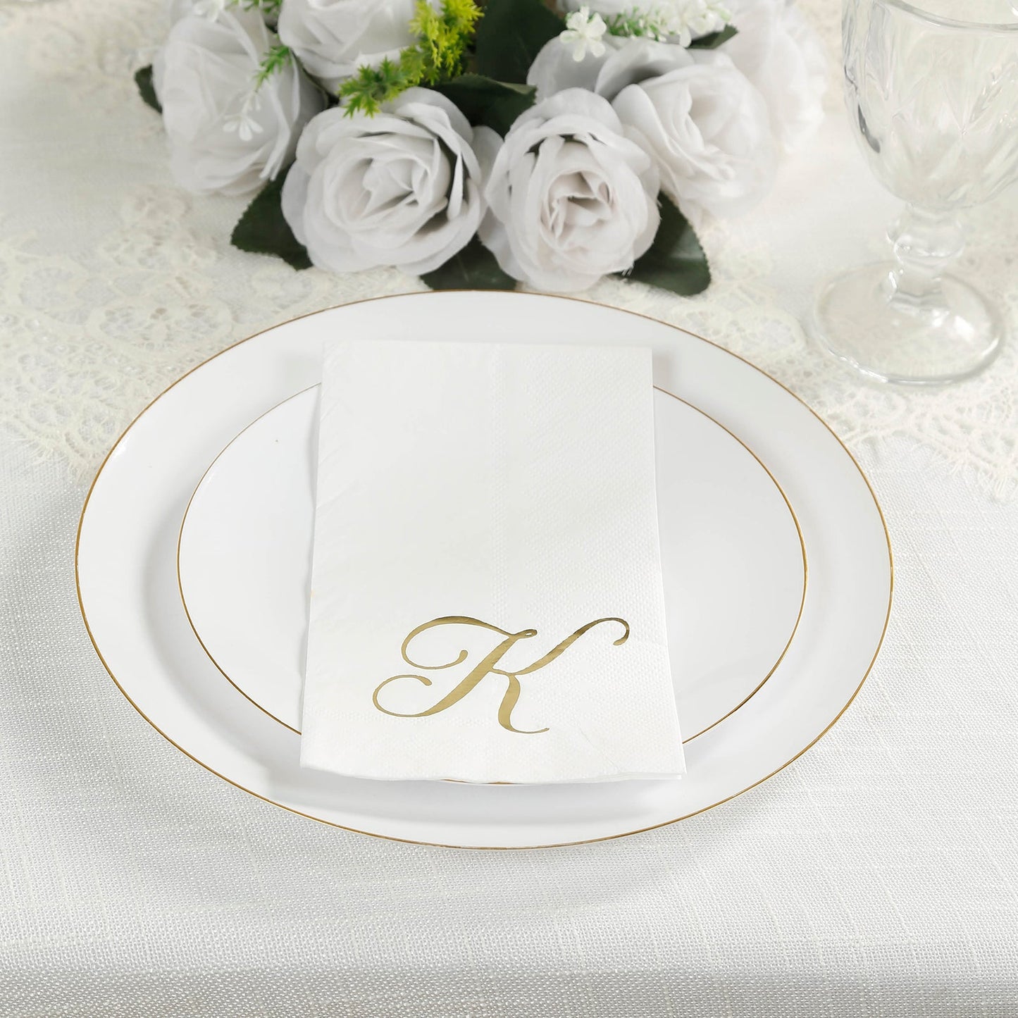 100 Paper Dinner Napkins White with Gold Foil Monogram "K" â€“ 8"x4" Folded, Disposable Party Napkins