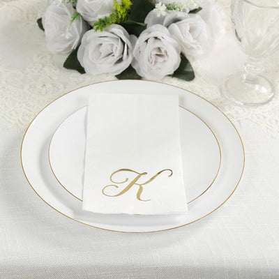 100 Paper Dinner Napkins White with Gold Foil Monogram "K" â€“ 8"x4" Folded, Disposable Party Napkins