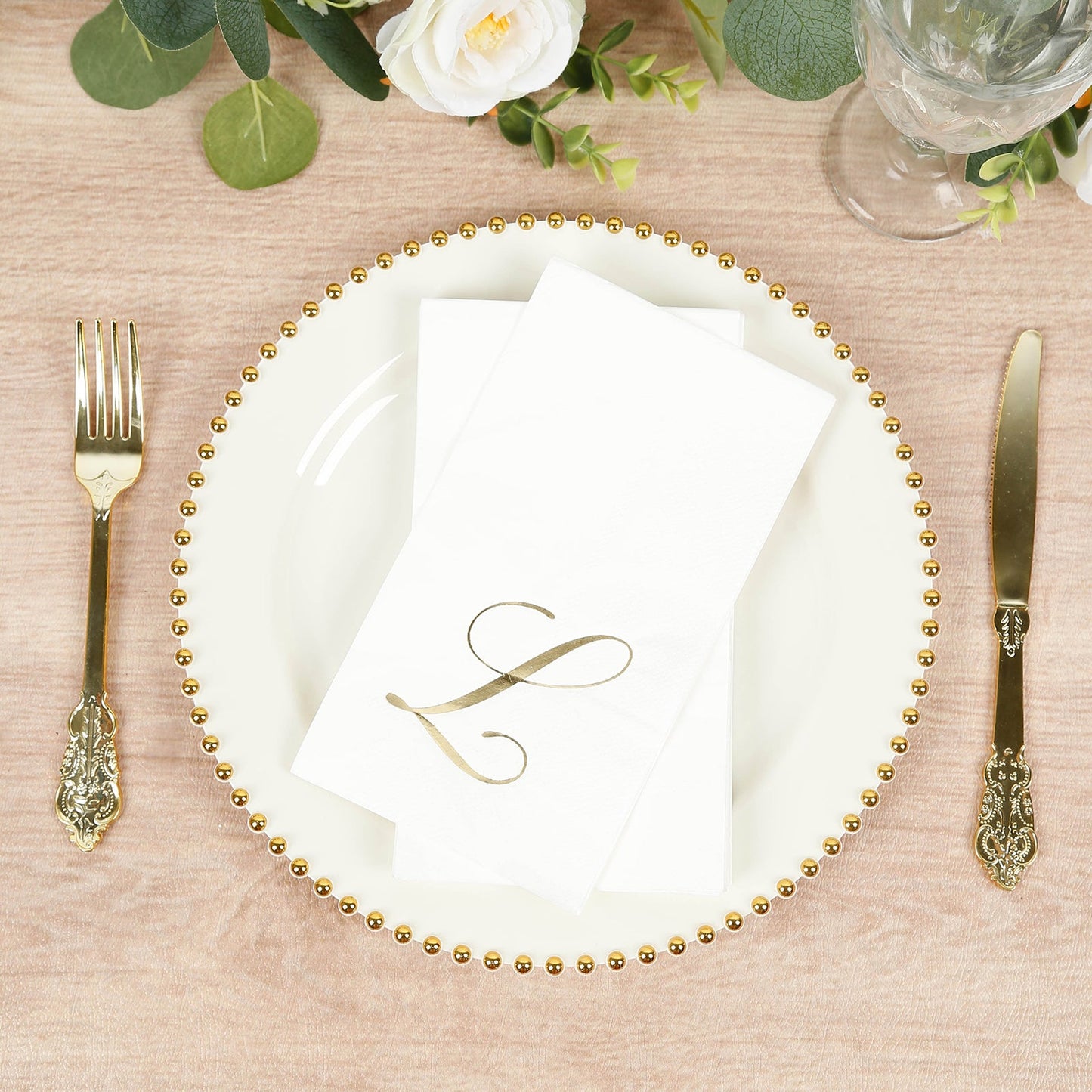 100 Paper Dinner Napkins White with Gold Foil Monogram "L" â€“ 8"x4" Folded, Disposable Party Napkins
