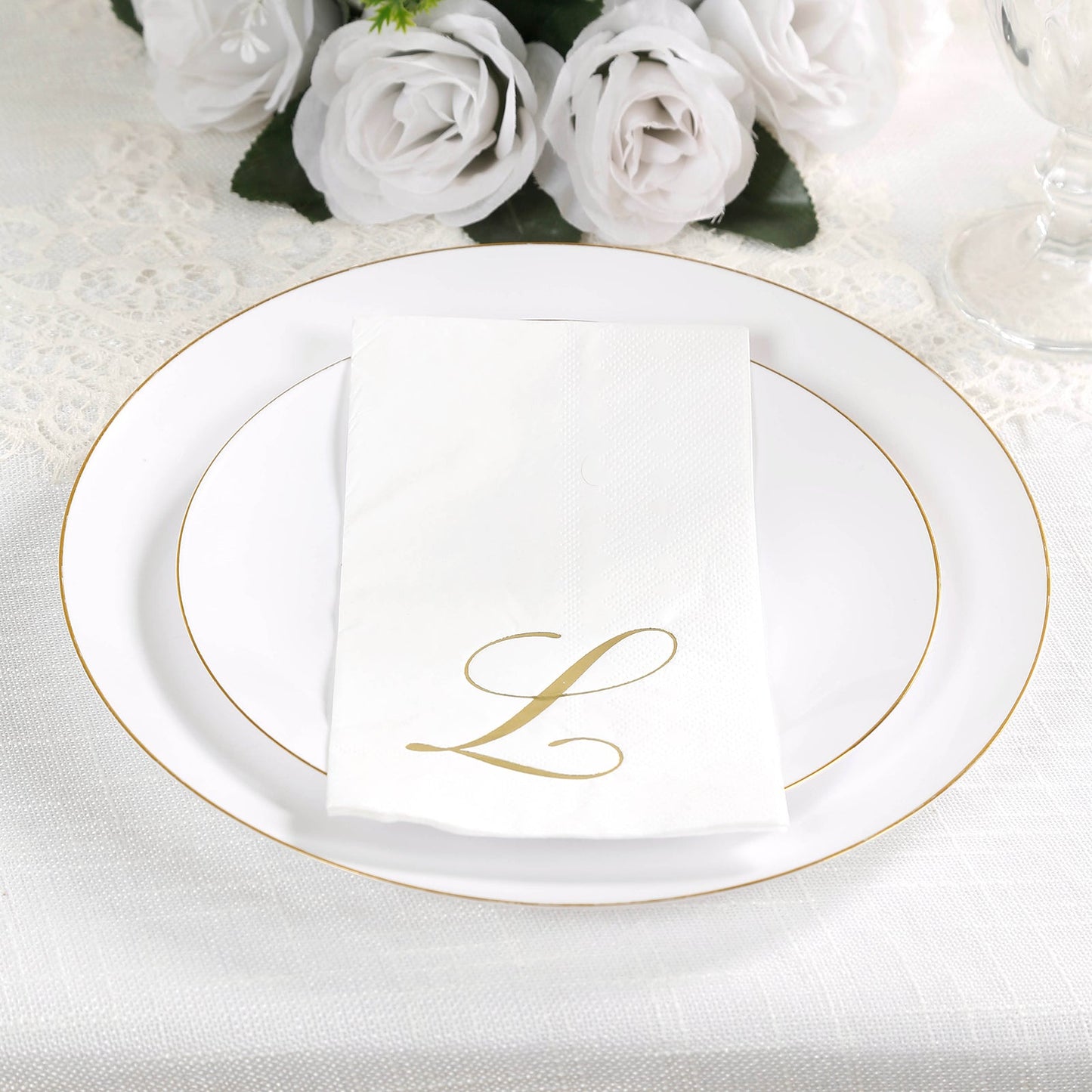 100 Paper Dinner Napkins White with Gold Foil Monogram "L" â€“ 8"x4" Folded, Disposable Party Napkins