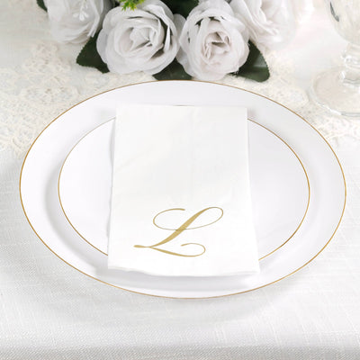100 Paper Dinner Napkins White with Gold Foil Monogram "L" â€“ 8"x4" Folded, Disposable Party Napkins
