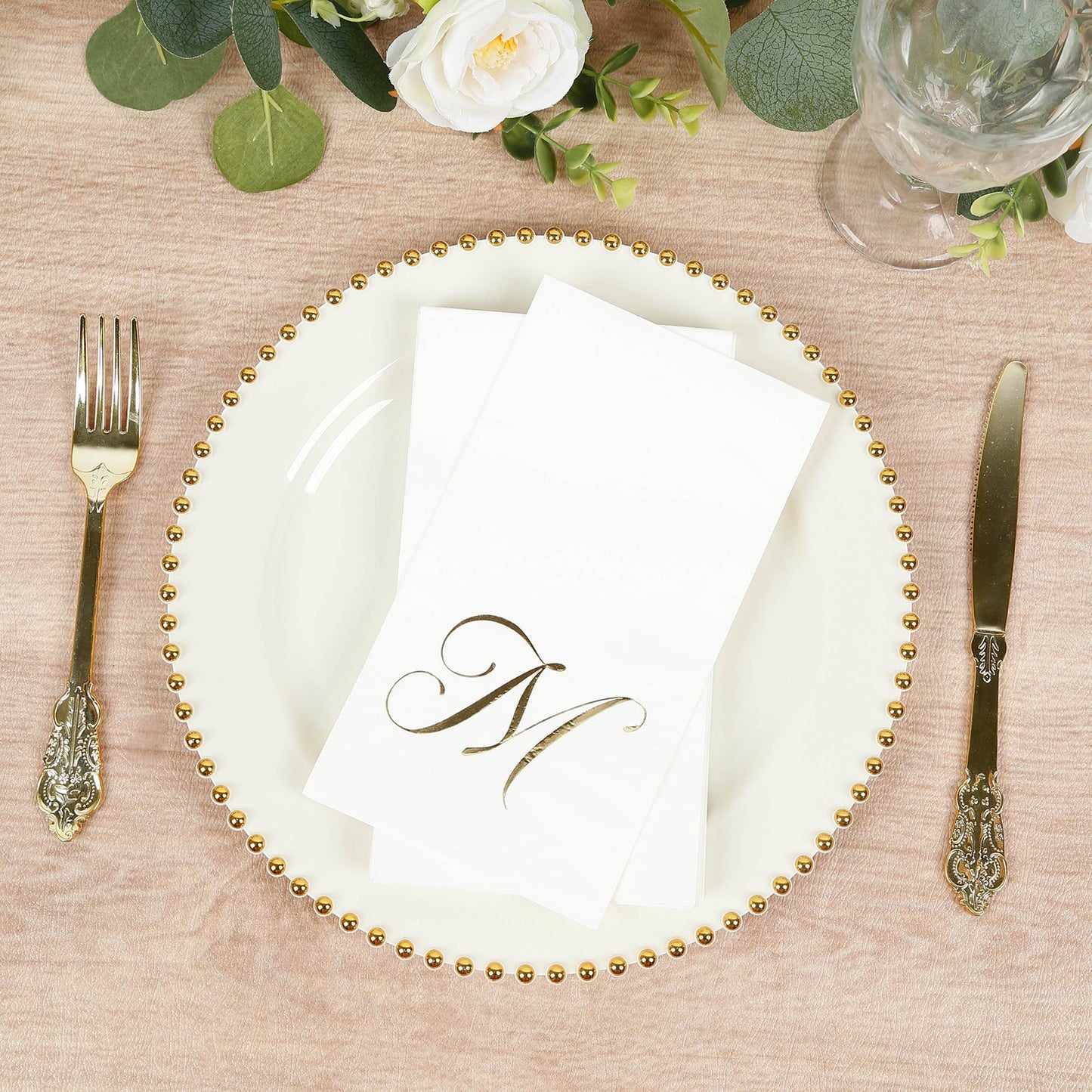 100 Paper Dinner Napkins White with Gold Foil Monogram "M" â€“ 8"x4" Folded, Disposable Party Napkins