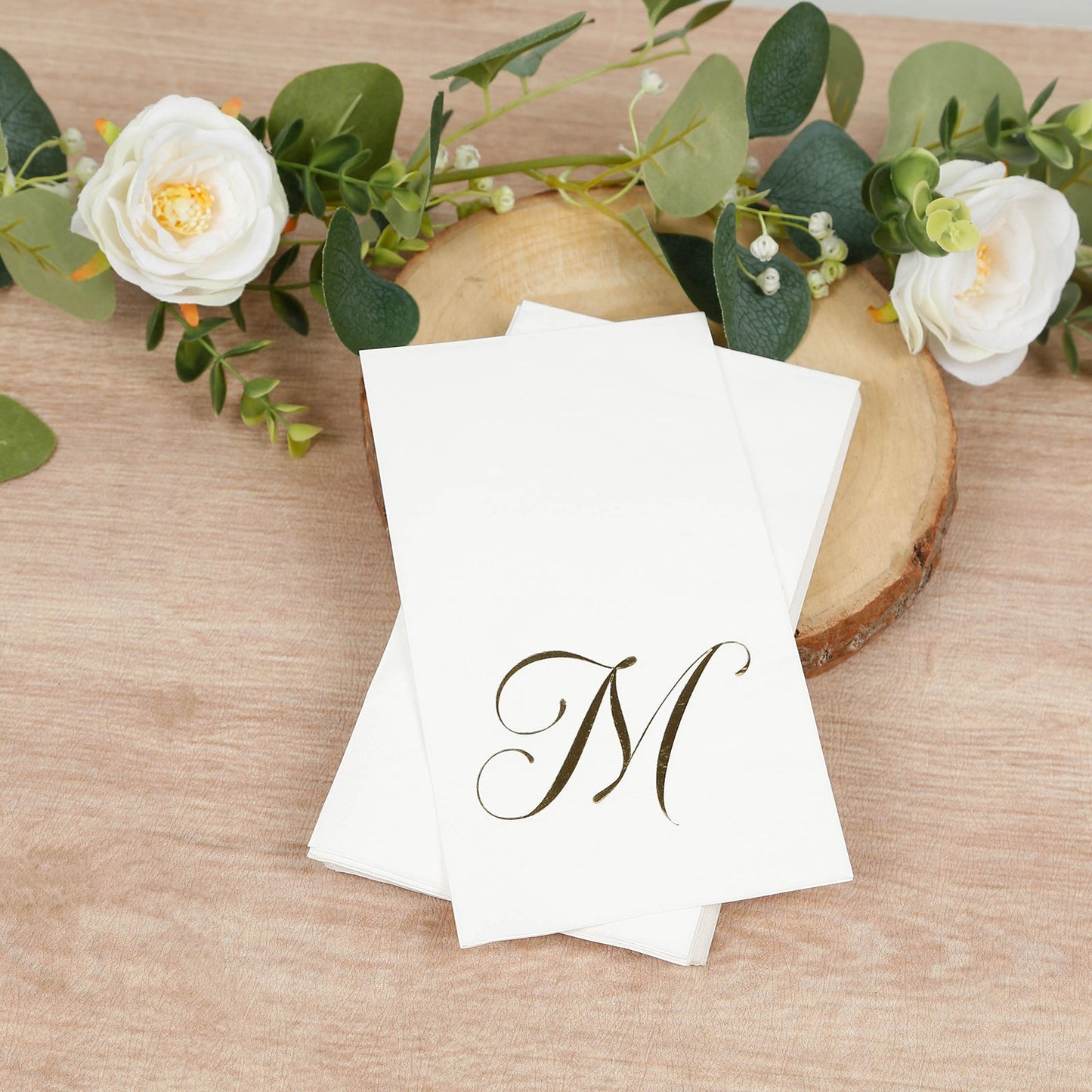 100 Paper Dinner Napkins White with Gold Foil Monogram "M" â€“ 8"x4" Folded, Disposable Party Napkins