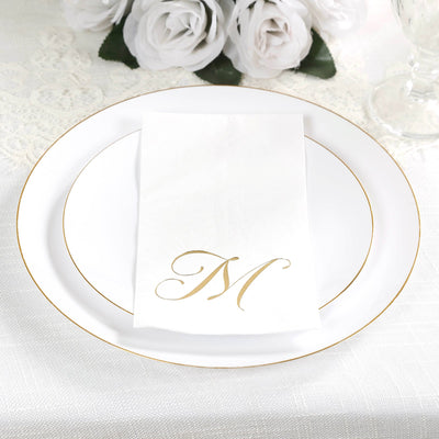 100 Paper Dinner Napkins White with Gold Foil Monogram "M" â€“ 8"x4" Folded, Disposable Party Napkins