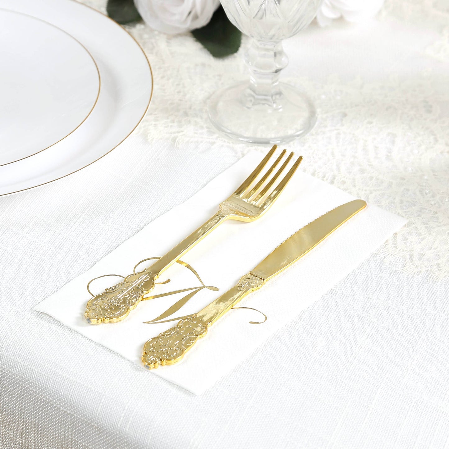 100 Paper Dinner Napkins White with Gold Foil Monogram "N" â€“ 8"x4" Folded, Disposable Party Napkins