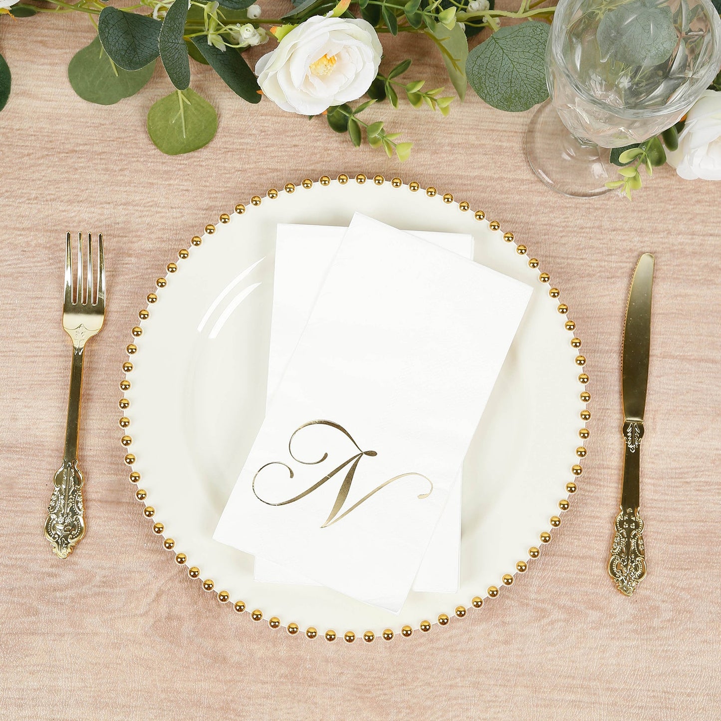 100 Paper Dinner Napkins White with Gold Foil Monogram "N" â€“ 8"x4" Folded, Disposable Party Napkins