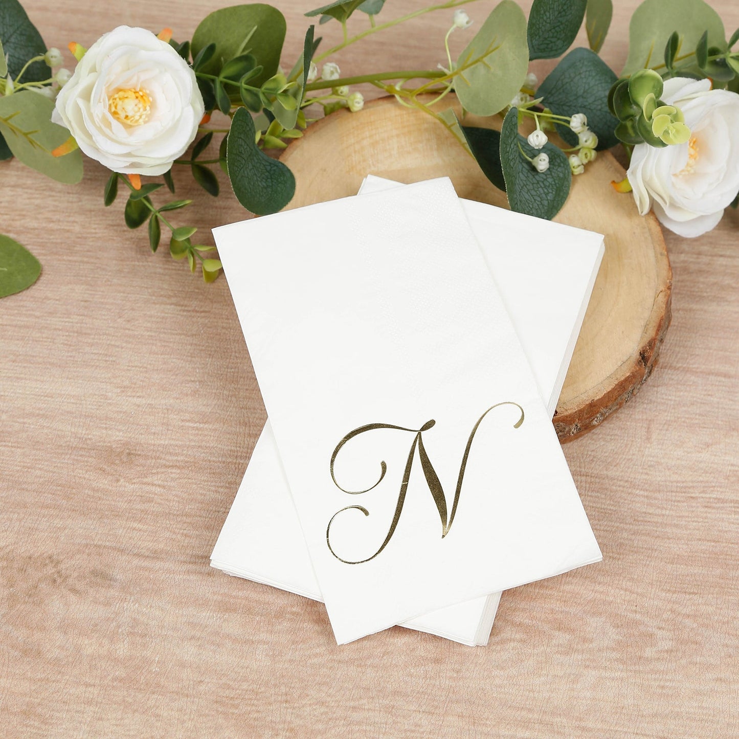 100 Paper Dinner Napkins White with Gold Foil Monogram "N" â€“ 8"x4" Folded, Disposable Party Napkins