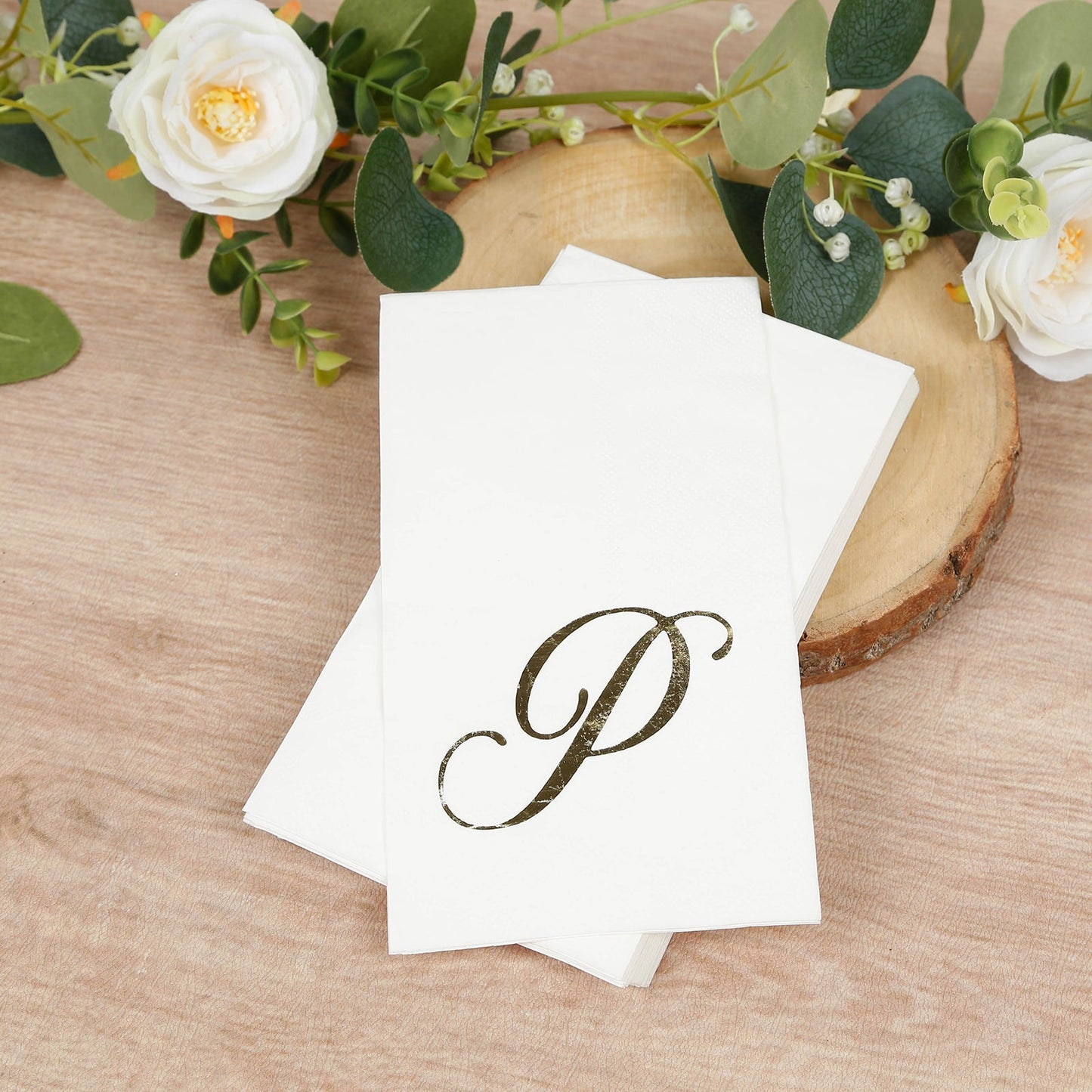100 Paper Dinner Napkins White with Gold Foil Monogram "P" â€“ 8"x4" Folded, Disposable Party Napkins