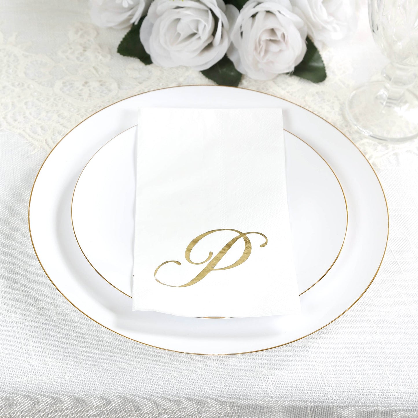 100 Paper Dinner Napkins White with Gold Foil Monogram "P" â€“ 8"x4" Folded, Disposable Party Napkins