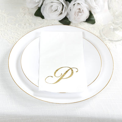 100 Paper Dinner Napkins White with Gold Foil Monogram "P" â€“ 8"x4" Folded, Disposable Party Napkins