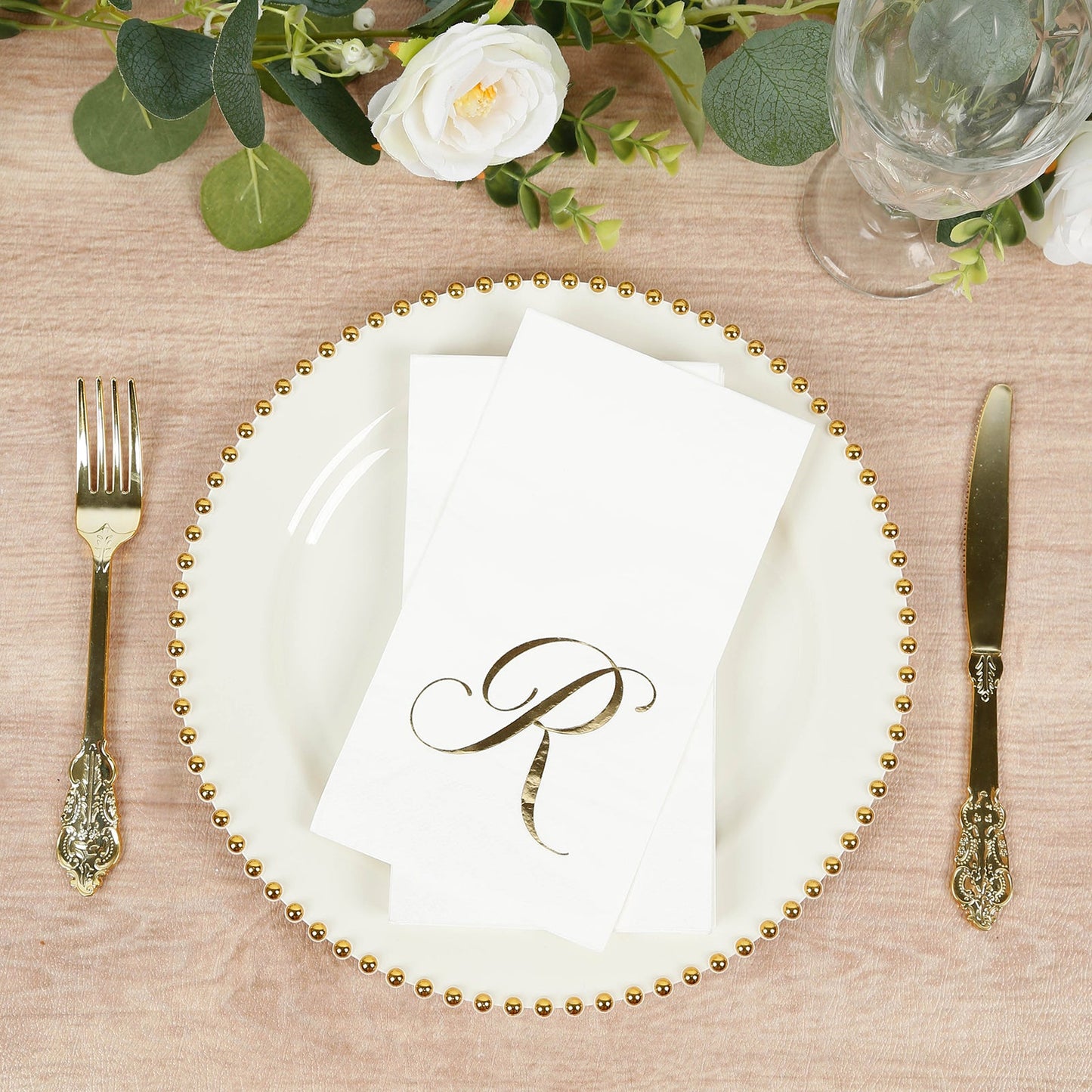 100 Paper Dinner Napkins White with Gold Foil Monogram "R" â€“ 8"x4" Folded, Disposable Party Napkins