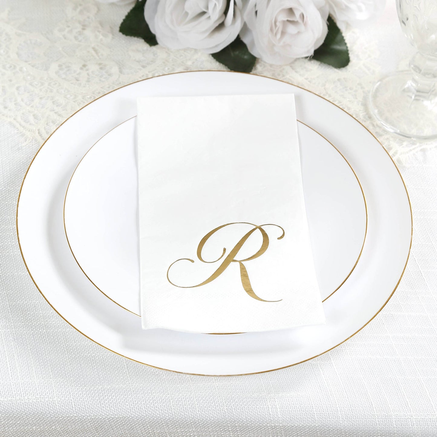 100 Paper Dinner Napkins White with Gold Foil Monogram "R" â€“ 8"x4" Folded, Disposable Party Napkins