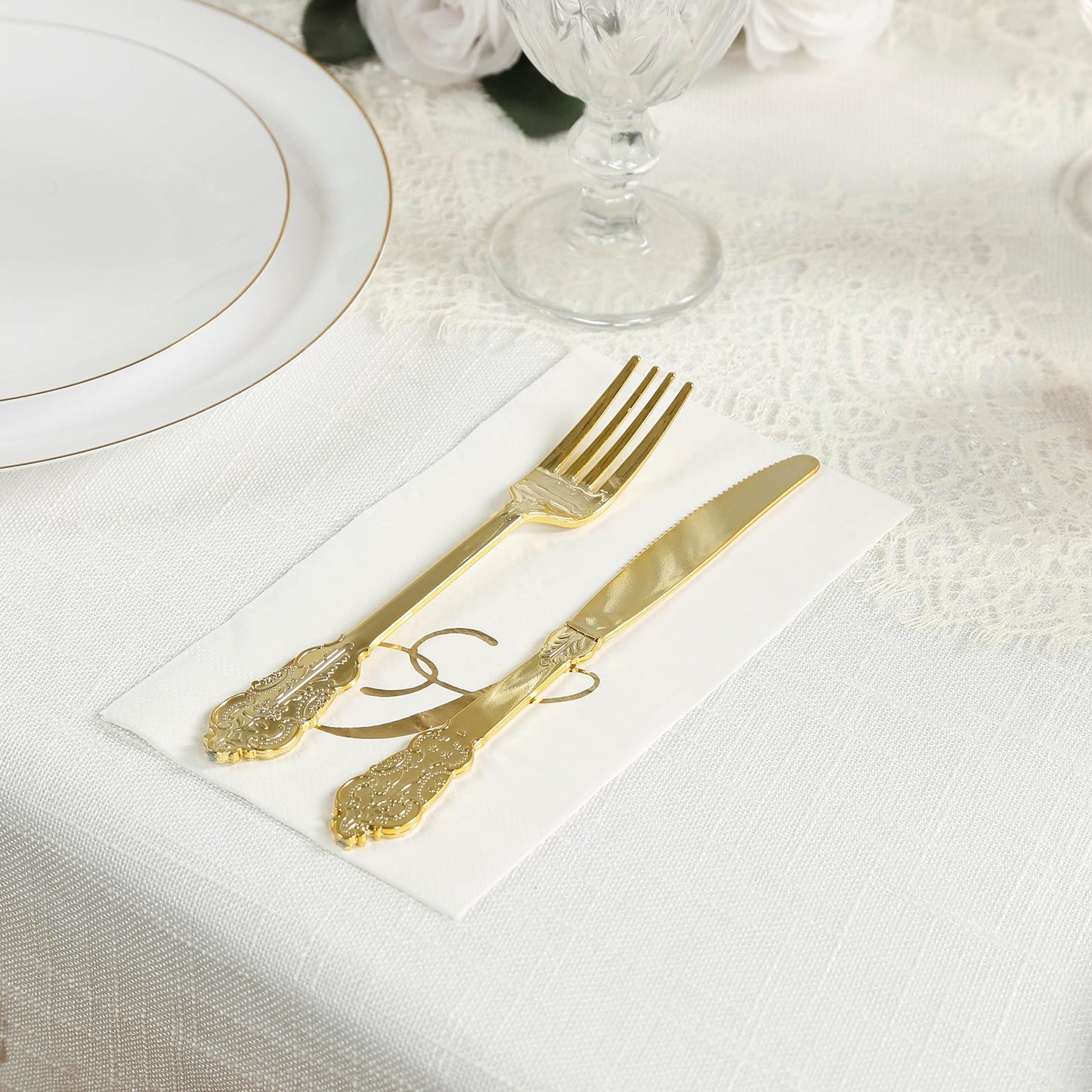 100 Paper Dinner Napkins White with Gold Foil Monogram "S" â€“ 8"x4" Folded, Disposable Party Napkins