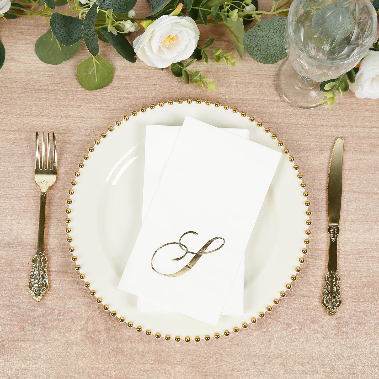 100 Paper Dinner Napkins White with Gold Foil Monogram "S" â€“ 8"x4" Folded, Disposable Party Napkins