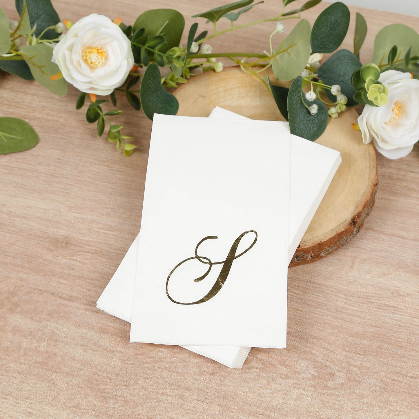 100 Paper Dinner Napkins White with Gold Foil Monogram "S" â€“ 8"x4" Folded, Disposable Party Napkins