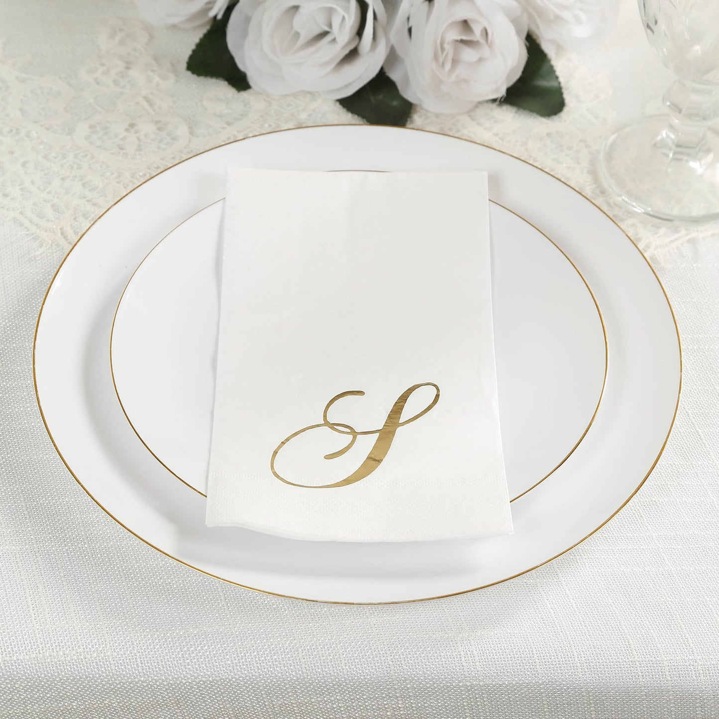 100 Paper Dinner Napkins White with Gold Foil Monogram "S" â€“ 8"x4" Folded, Disposable Party Napkins