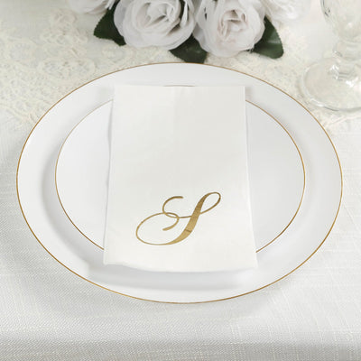 100 Paper Dinner Napkins White with Gold Foil Monogram "S" â€“ 8"x4" Folded, Disposable Party Napkins