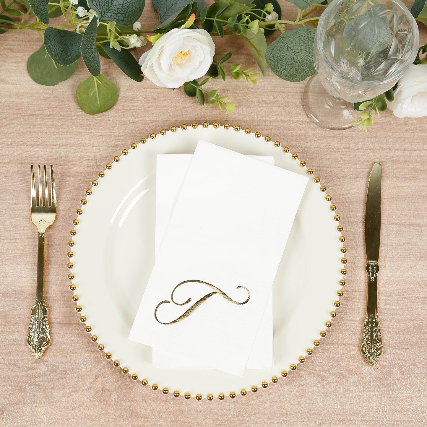 100 Paper Dinner Napkins White with Gold Foil Monogram "T" â€“ 8"x4" Folded, Disposable Party Napkins