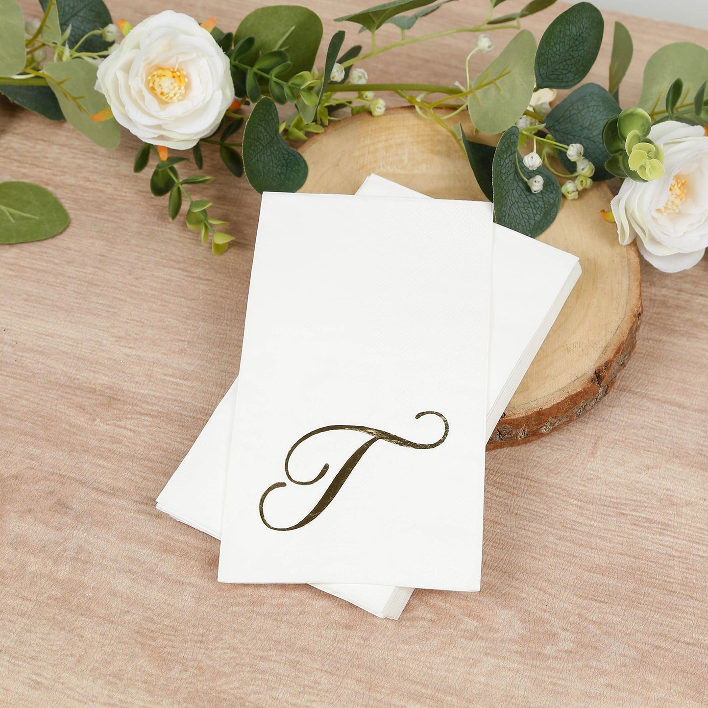 100 Paper Dinner Napkins White with Gold Foil Monogram "T" â€“ 8"x4" Folded, Disposable Party Napkins