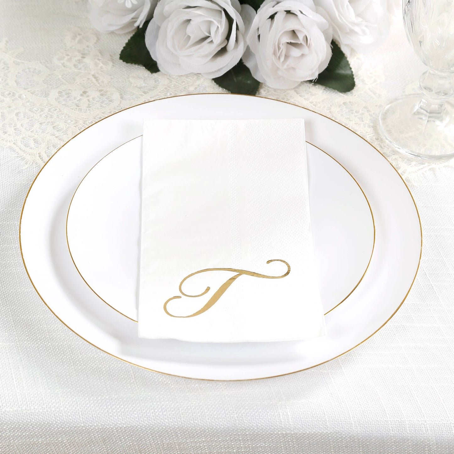 100 Paper Dinner Napkins White with Gold Foil Monogram "T" â€“ 8"x4" Folded, Disposable Party Napkins