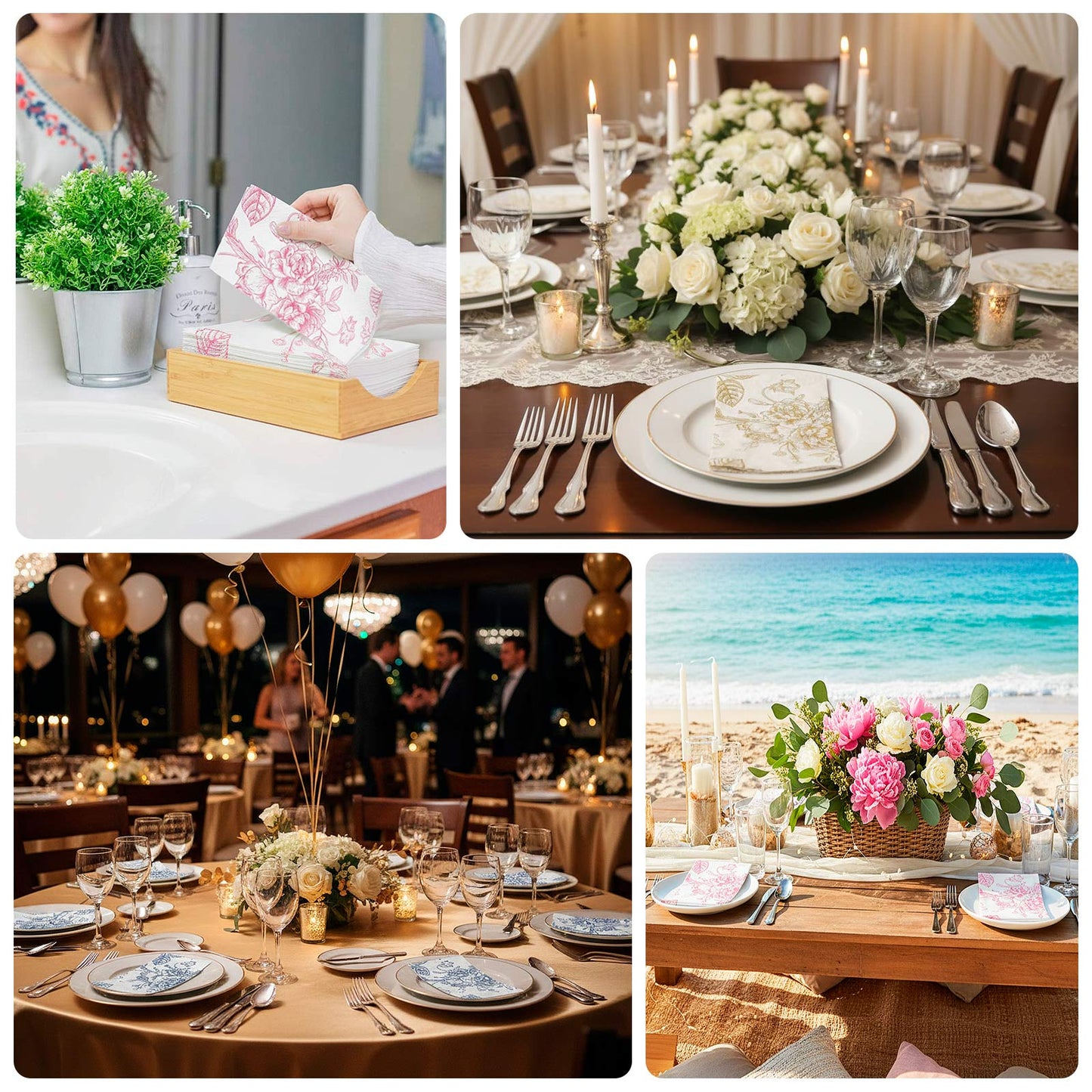 50-Pack Paper Dinner Napkins White with Gold French Toile Floral Pattern 2-Ply - Stylish Disposable Napkins for Events