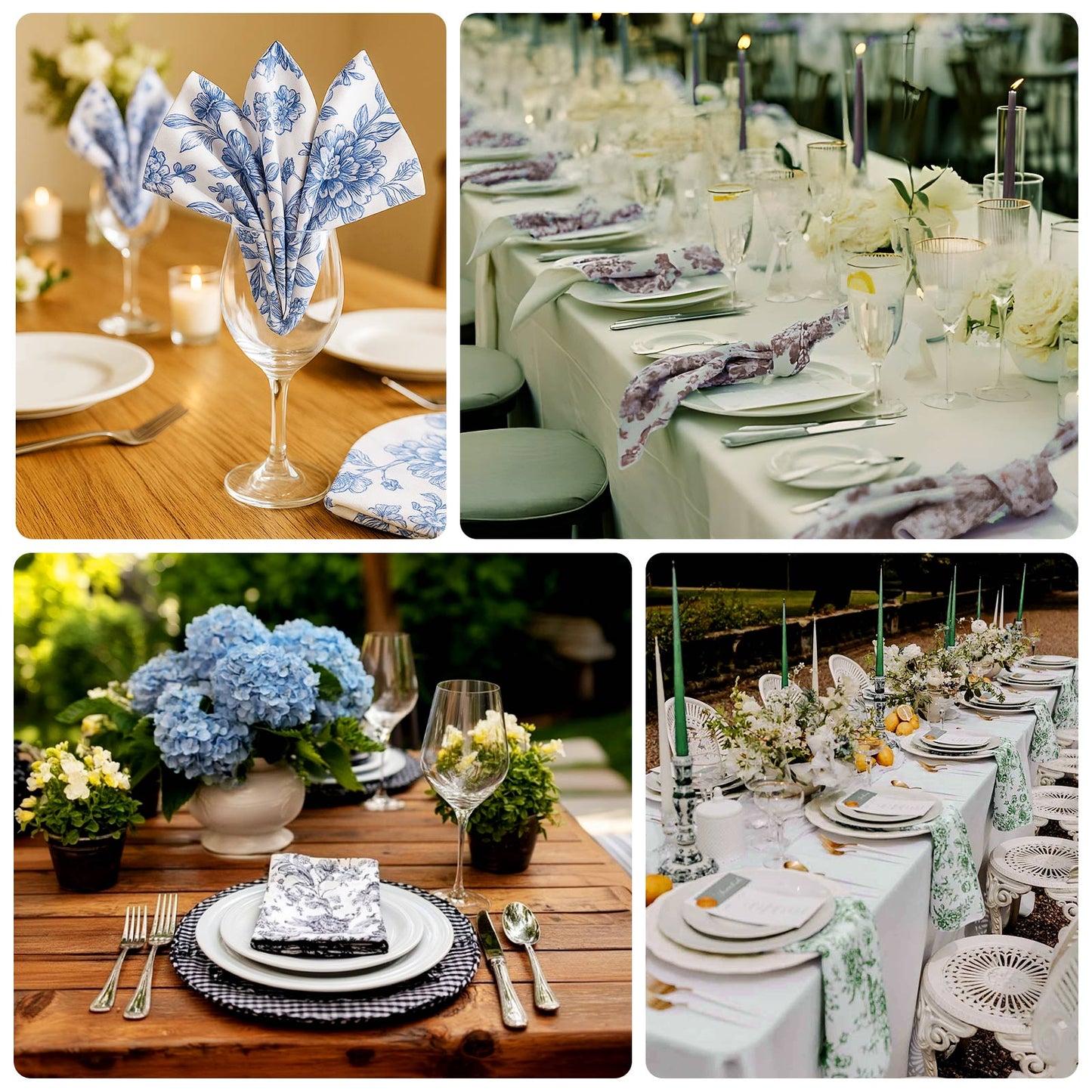 5 Pack Polyester 20"x20" Dinner Napkins White with Blue French Toile Pattern - Reusable Floral Cloth Napkins