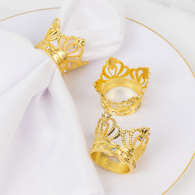 4 Pack Metallic Gold Crown Rhinestone Napkin Rings, Royal Bling Napkin Holders