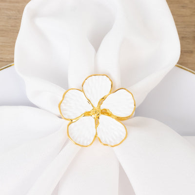 4 Pack White and Gold Metal Flower Napkin Rings, Floral Serviette Buckle Napkin Holder Set - Plum Blossom Design
