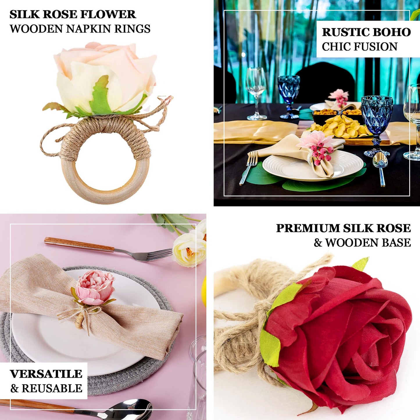 4 Pack Red Artificial Rose Flower Wooden Napkin Holders, Farmhouse Country Floral Napkin Rings - 4"