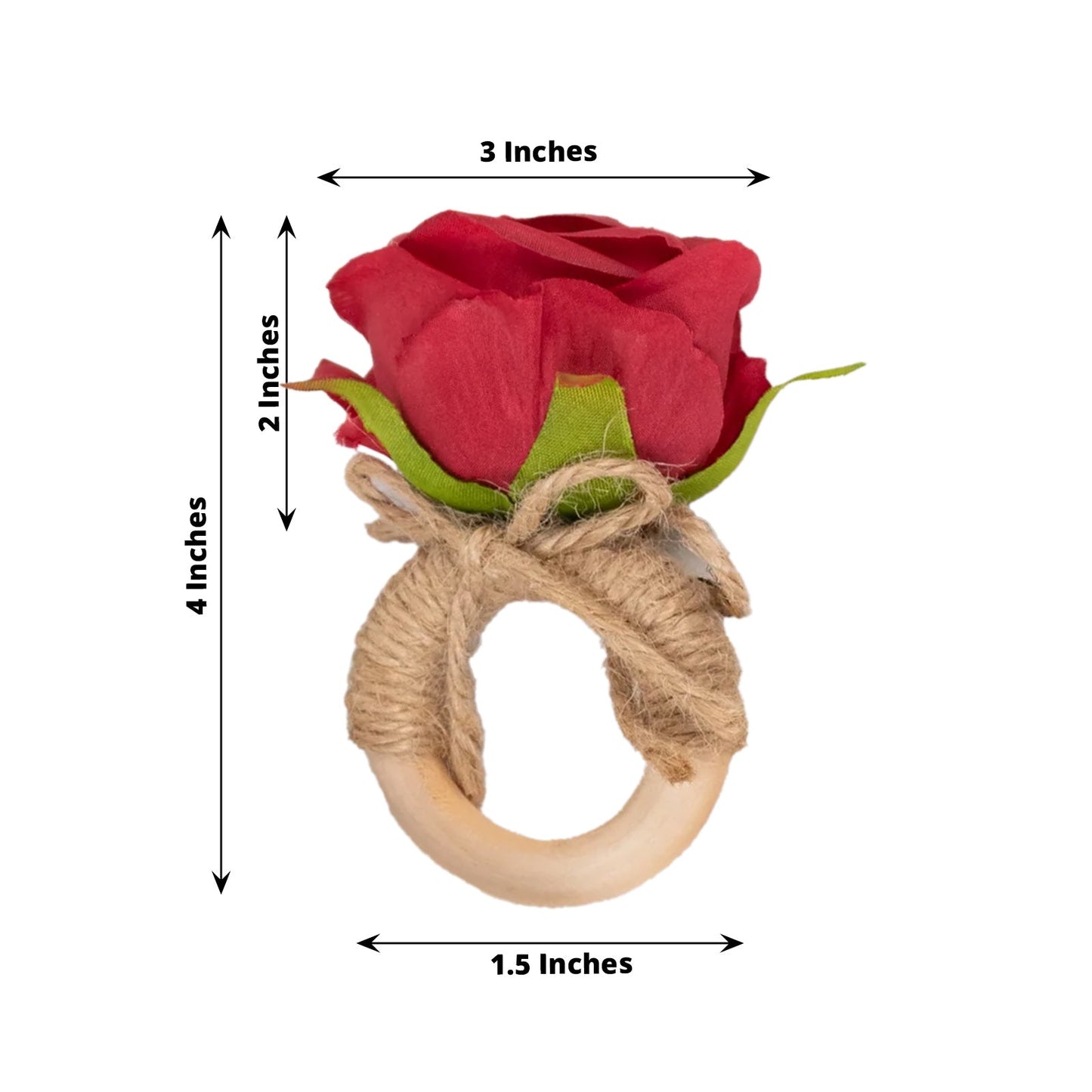 4 Pack Red Artificial Rose Flower Wooden Napkin Holders, Farmhouse Country Floral Napkin Rings - 4"