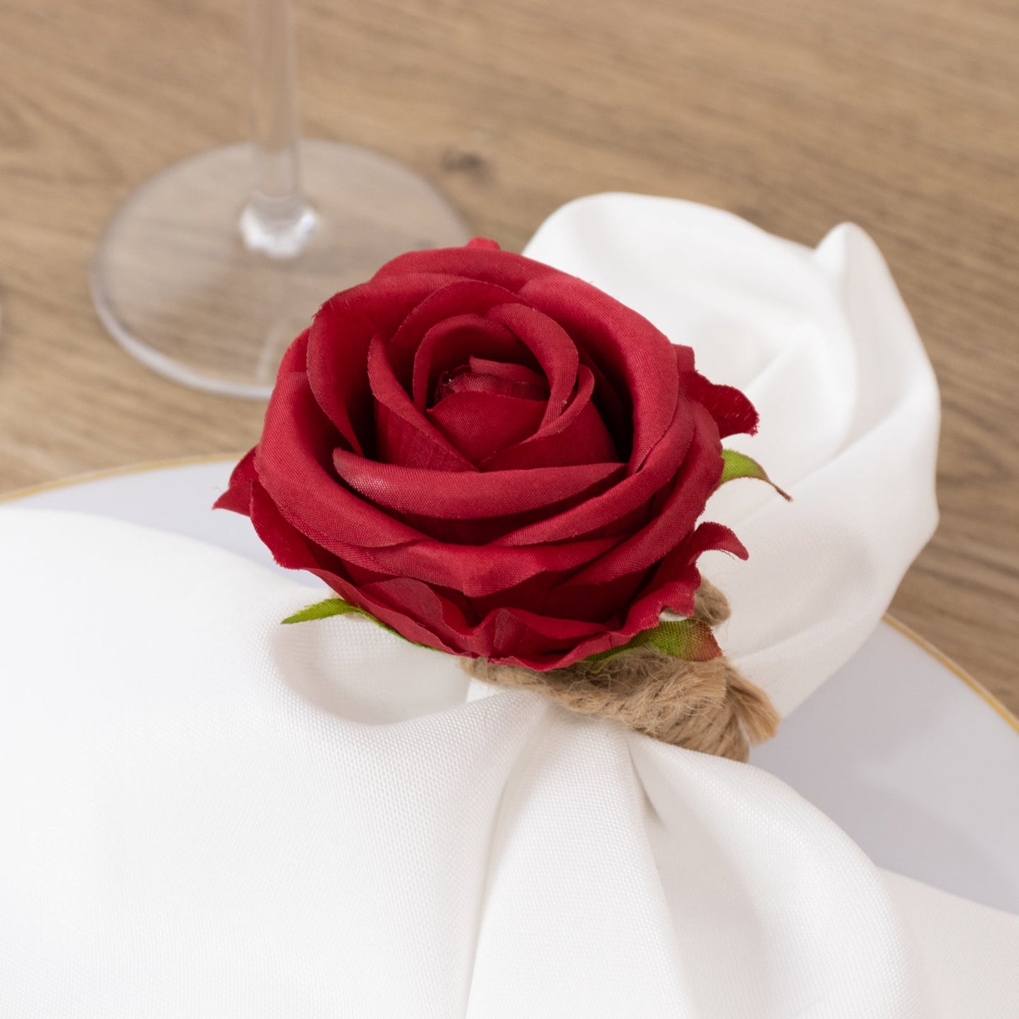 4 Pack Red Artificial Rose Flower Wooden Napkin Holders, Farmhouse Country Floral Napkin Rings - 4"