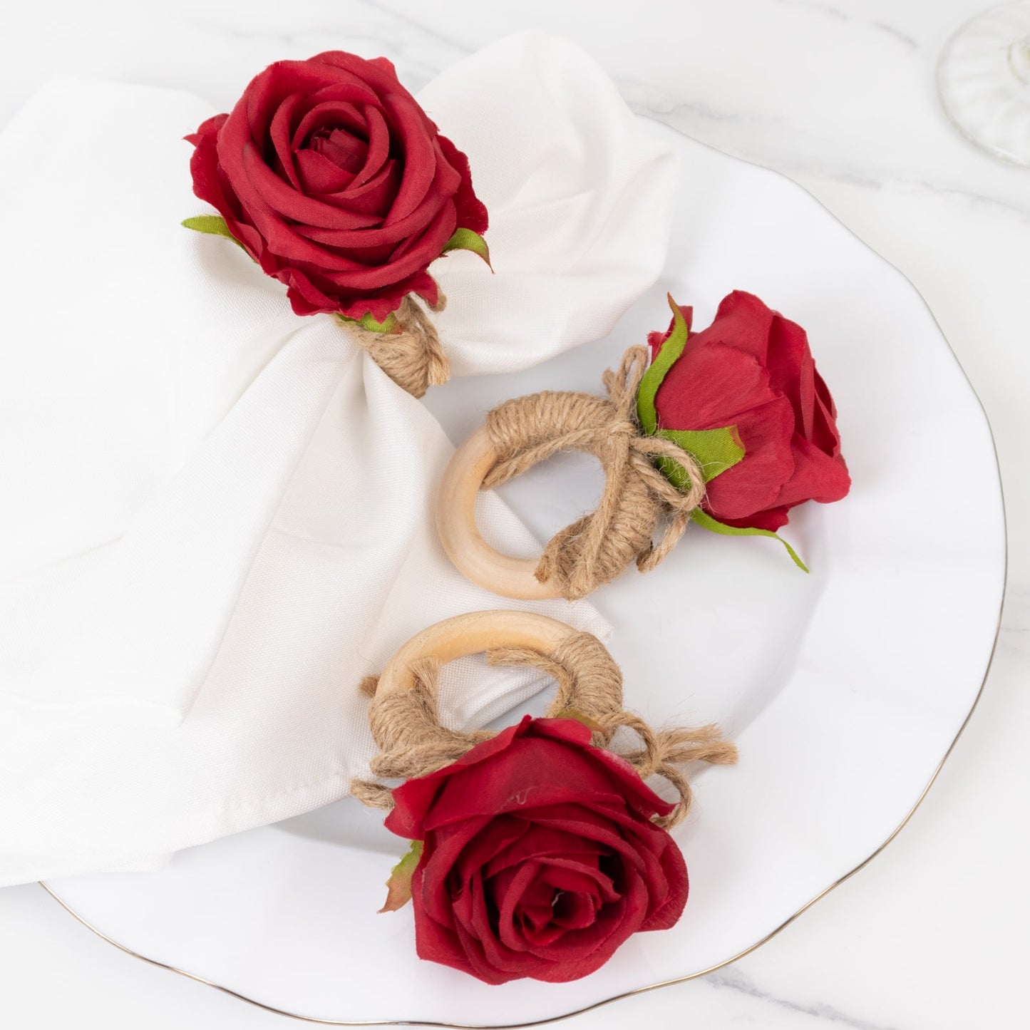 4 Pack Red Artificial Rose Flower Wooden Napkin Holders, Farmhouse Country Floral Napkin Rings - 4"
