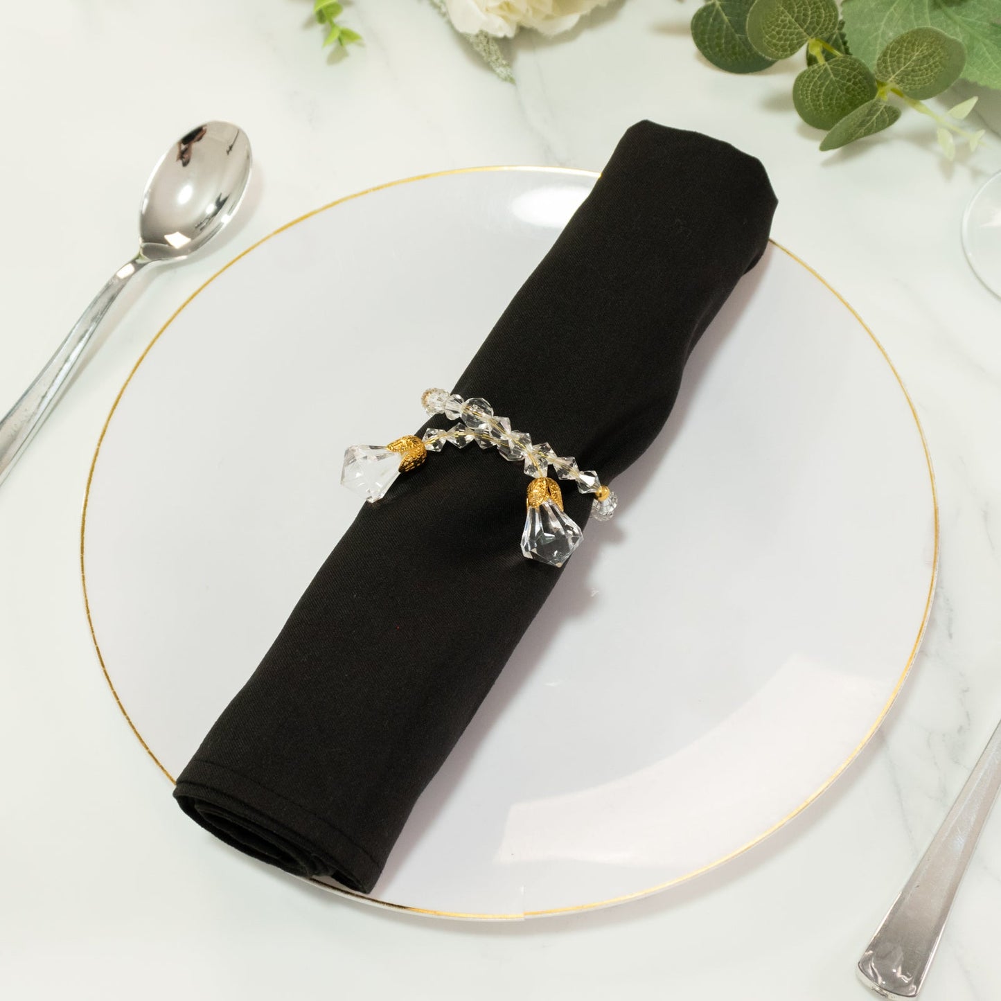 10 Pack Clear Crystal Beaded Napkin Rings with Gold Accents, 10" Elegant Decorative Table Accessories and Sash Holders