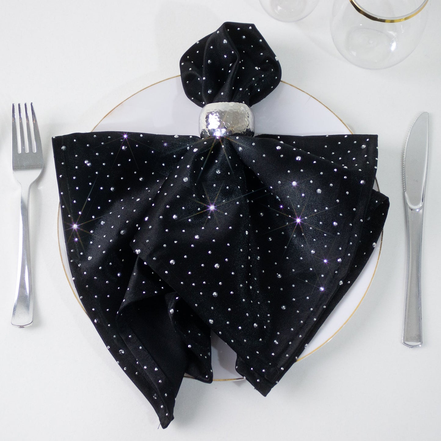 5-Pack Black Scuba Polyester Napkins with Rhinestone Accents â€“ 20"x20" Wrinkle-Free Reusable Cloth Napkins