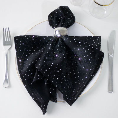5-Pack Black Scuba Polyester Napkins with Rhinestone Accents â€“ 20"x20" Wrinkle-Free Reusable Cloth Napkins