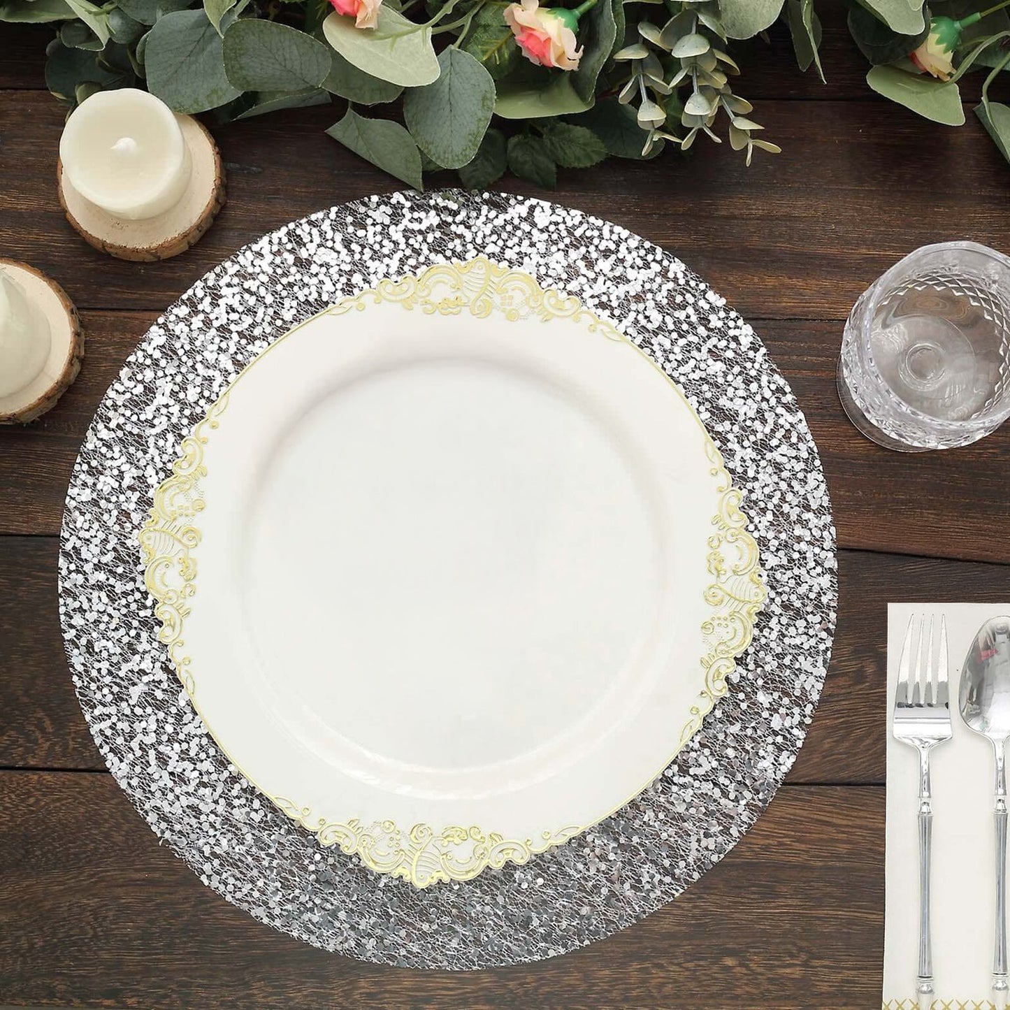 50-Pack Table Placemats Sequin Design Metallic Silver Round - Mesh Disposable Dust-Free Dining Mats 13"