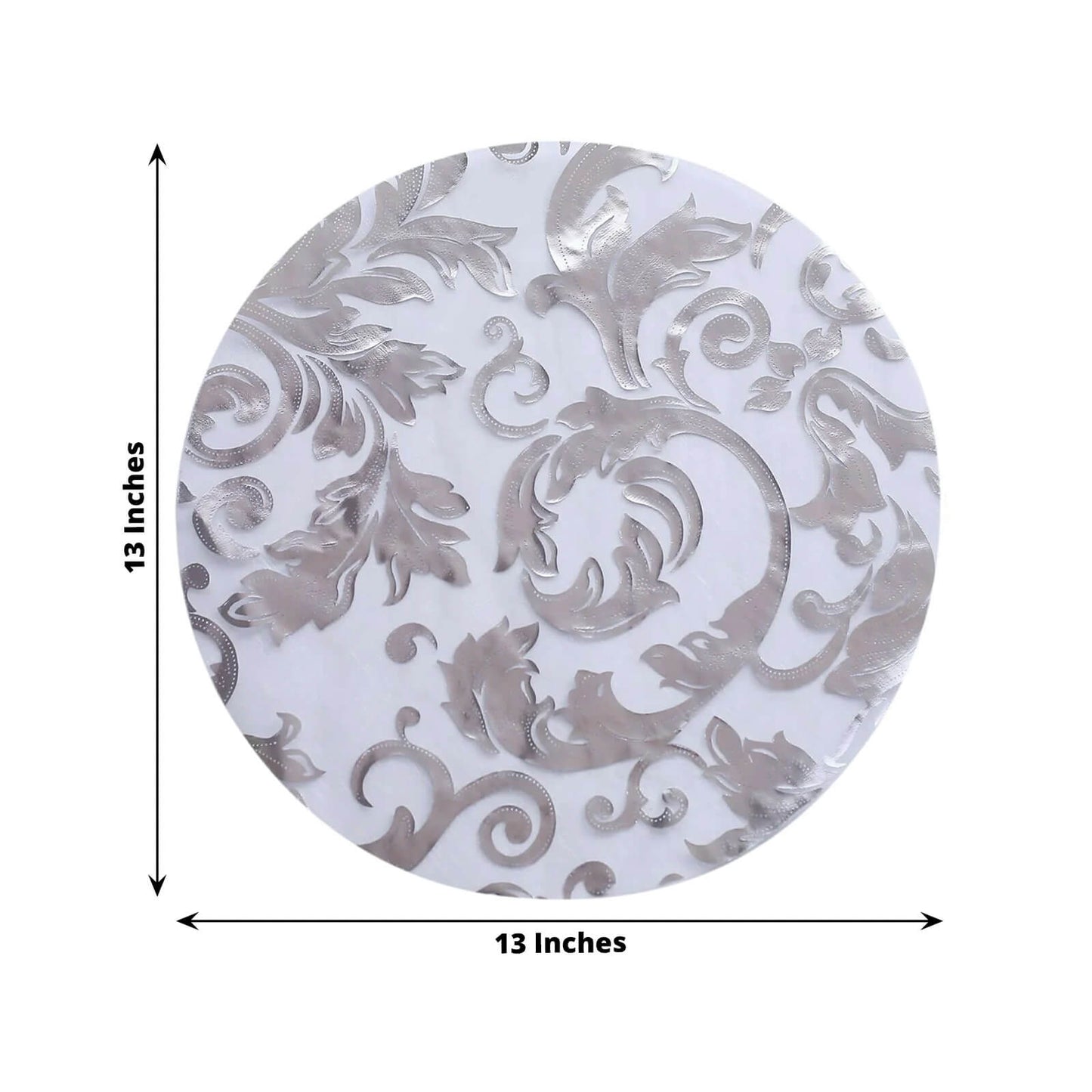 50-Pack Table Placemats Swirl Foil Floral Design Metallic Silver Round - Sheer Organza Disposable Mats 13"