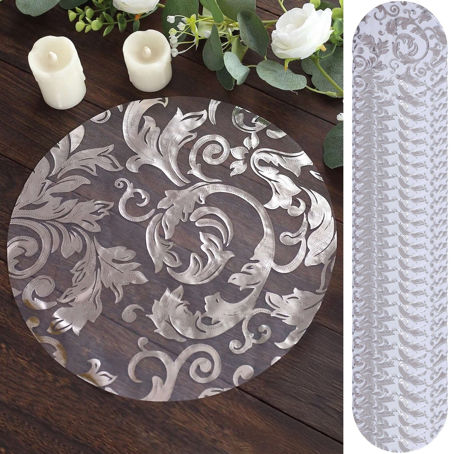 50-Pack Table Placemats Swirl Foil Floral Design Metallic Silver Round - Sheer Organza Disposable Mats 13"