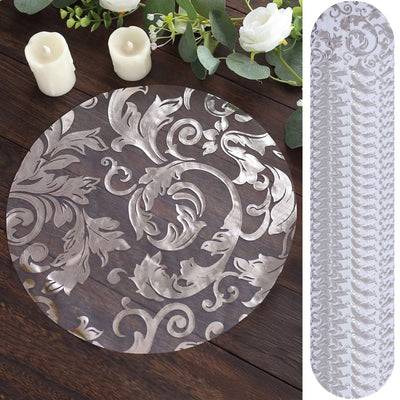50-Pack Table Placemats Swirl Foil Floral Design Metallic Silver Round - Sheer Organza Disposable Mats 13"