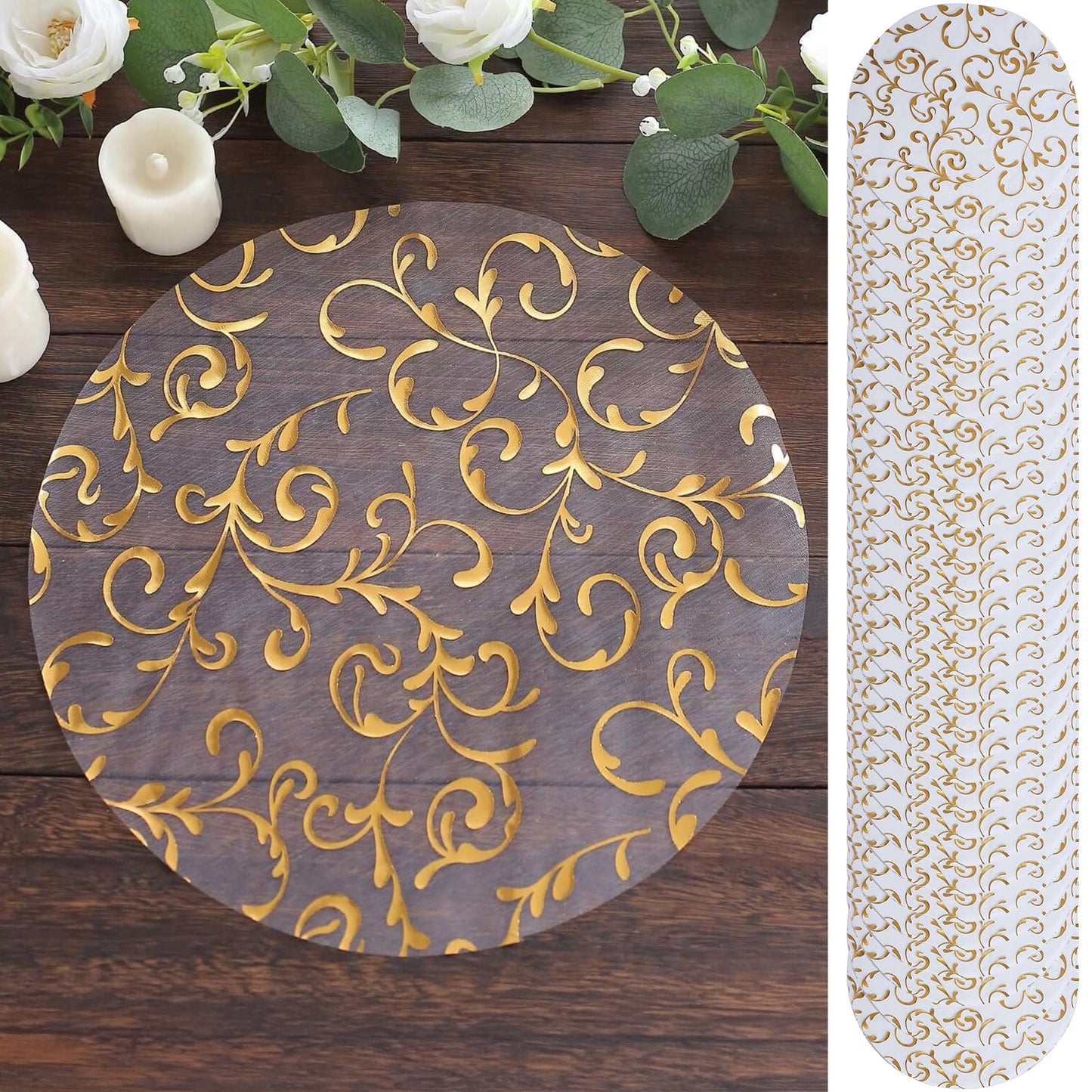 50-Pack Table Placemats Embossed Foil Flower Design Metallic Gold Round - Sheer Organza Disposable Mats 13"
